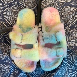 Pastel rainbow fuzzy cork type slipper sandals